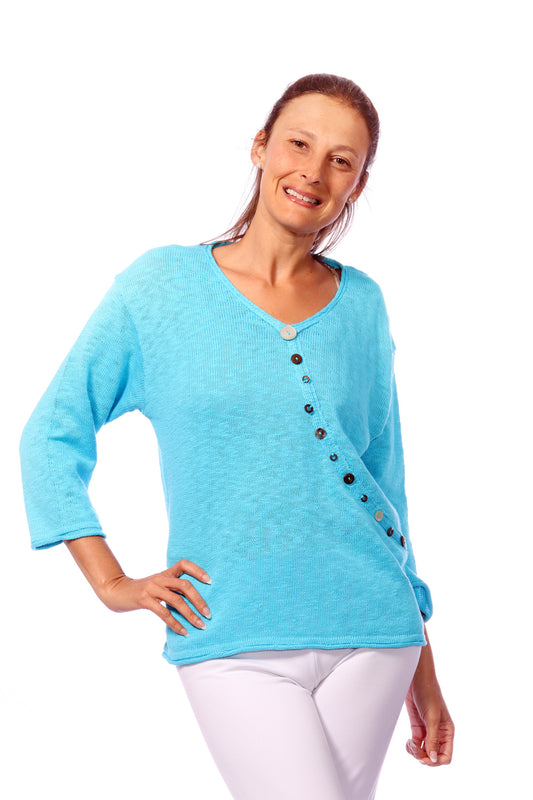 001- LuLu B Diagonal Button Sweater - Turquoise