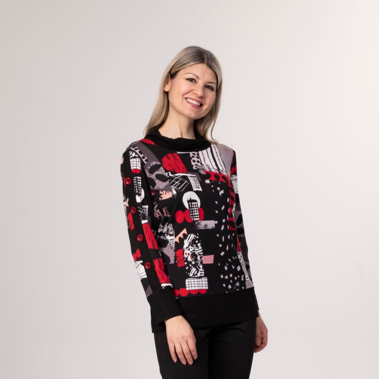 062- Modes Crystal Red, Black Pink Abstract Print Cowl Neck Top