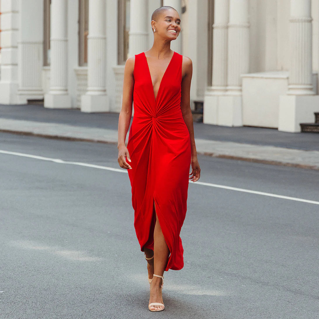 002- Clara Sun Woo Red Center Slit Maxi Dress
