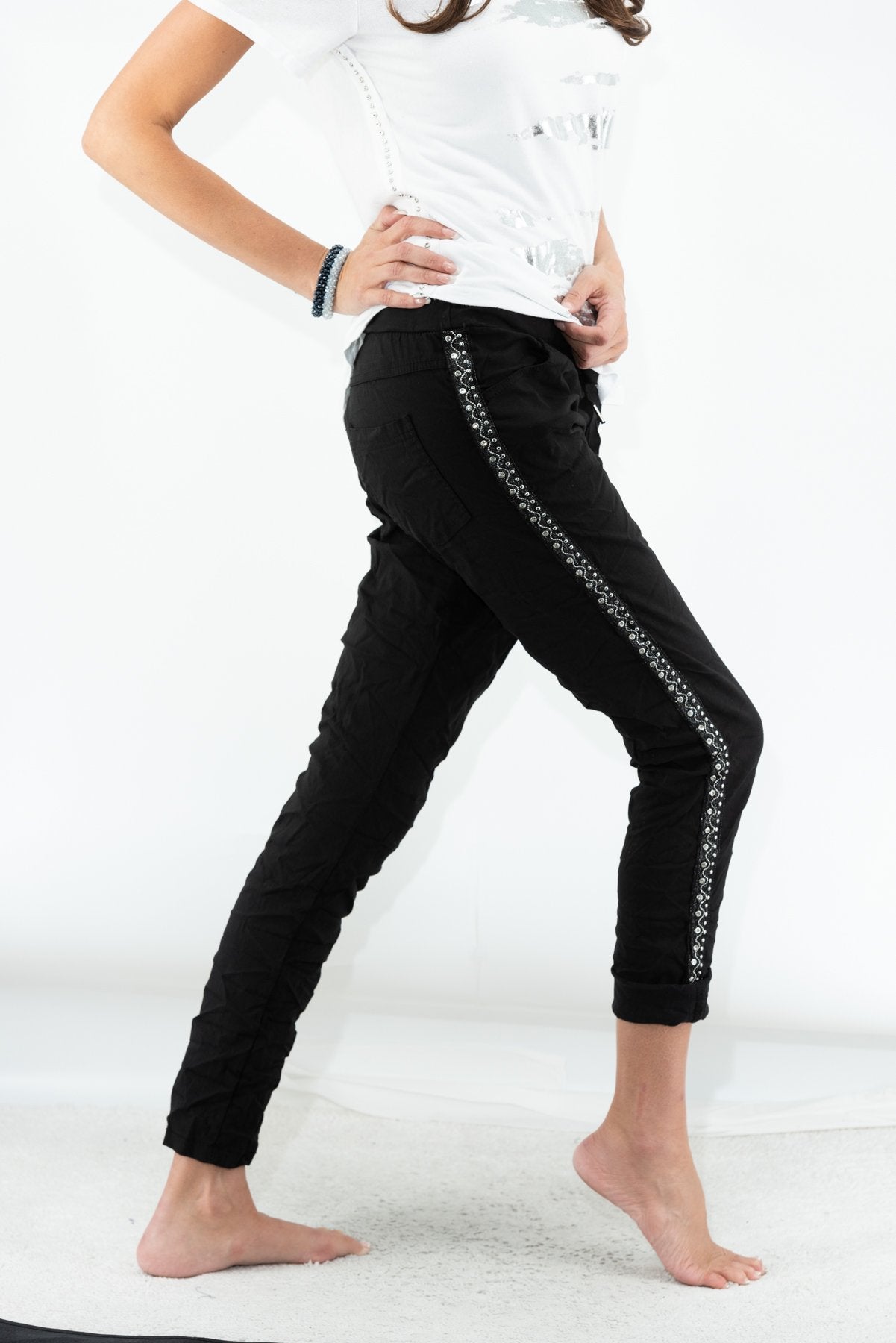 075- Look Mode Crystal and Gem Trim Black Stretch Pant – A'Tu Jewelry and  Clothing