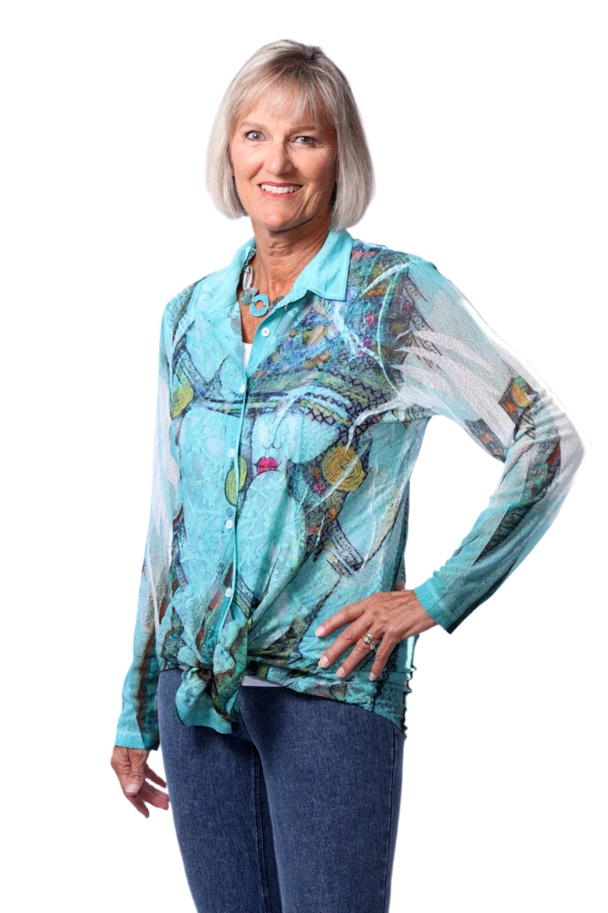 008- Kamana Turquoise Abstract Lace Shirt