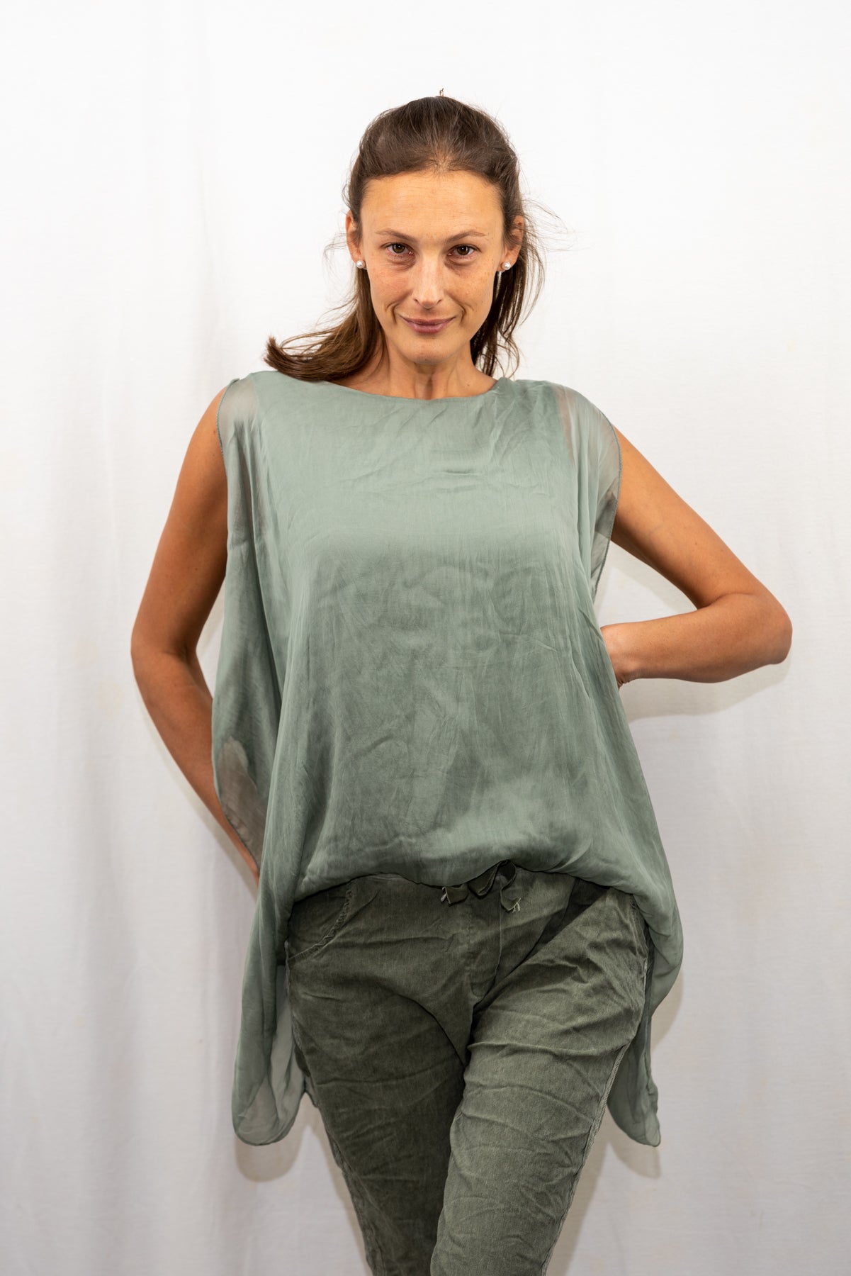 075- Look Mode Olive Open shoulder Silk Top