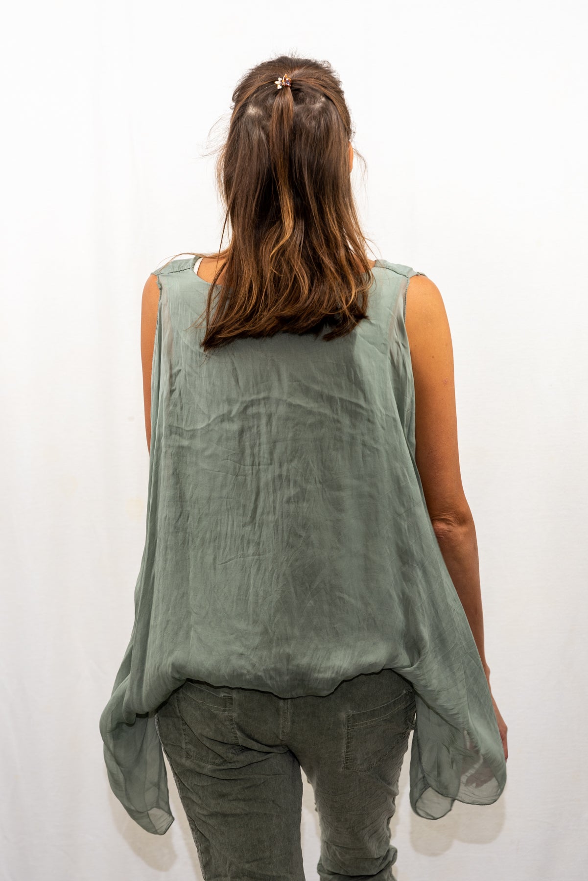 075- Look Mode Olive Open shoulder Silk Top