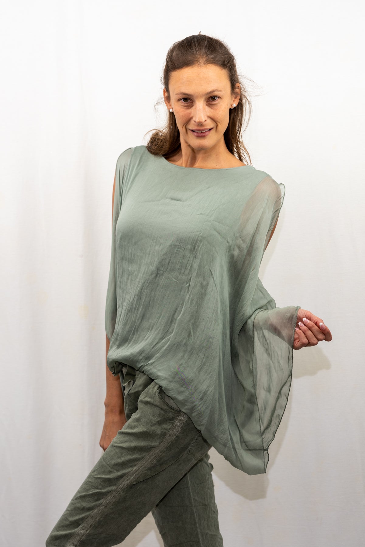075- Look Mode Olive Open shoulder Silk Top
