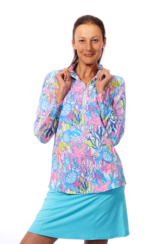 001- LuLu B BeachTime Sea Turtle and Coral Zip Pull Over Top