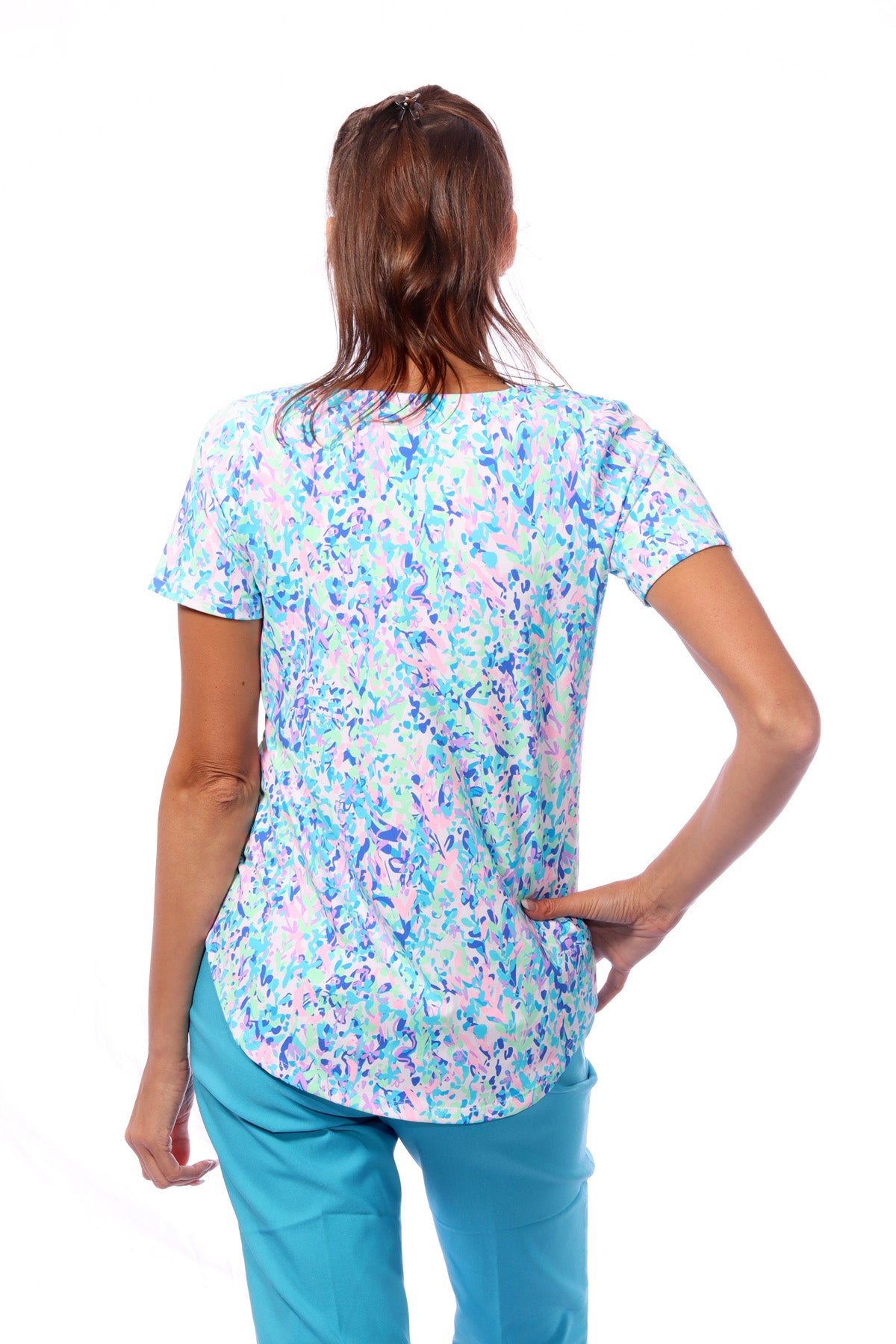 001- LuLu B Blue and Pink Short Sleeve Keyhole Top