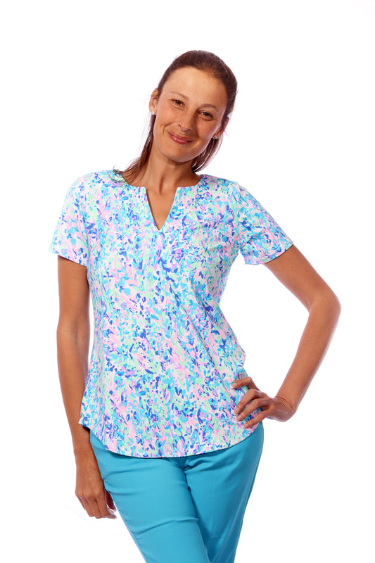 001- LuLu B Blue and Pink Short Sleeve Keyhole Top