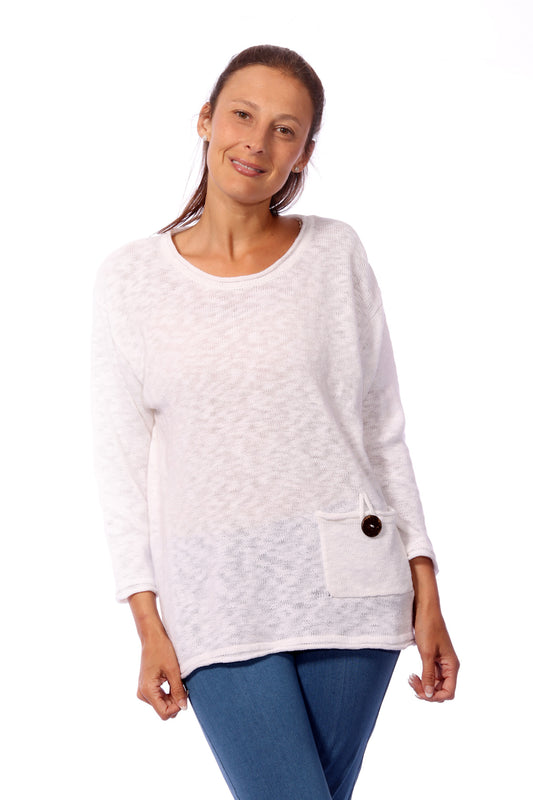 001- LuLu B Rolled Edge 1 Pocket Sweater - White