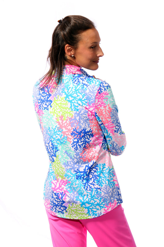 001- LuLu B White and Multi Color Coral Zip Pull Over Top