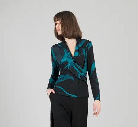 002- Clara Sun Wood Teal and Black Wrap Waist Top