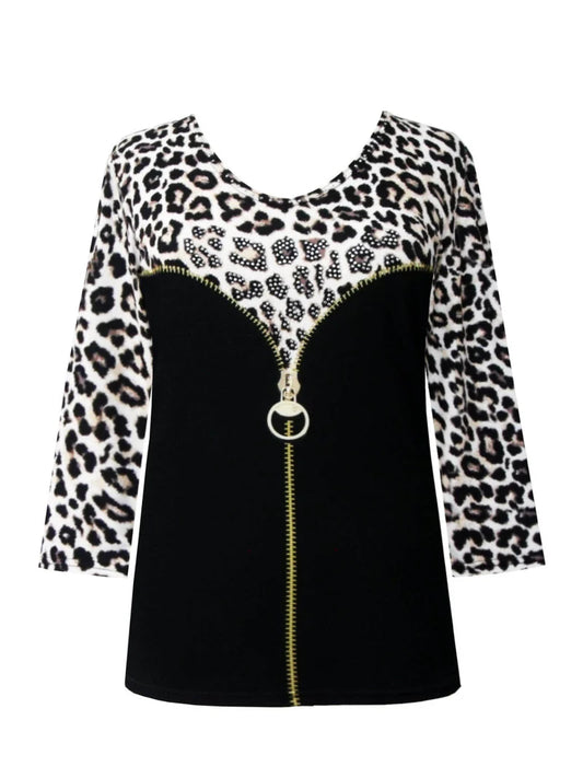 010- Valentina Leopard Faux Zip Print Top