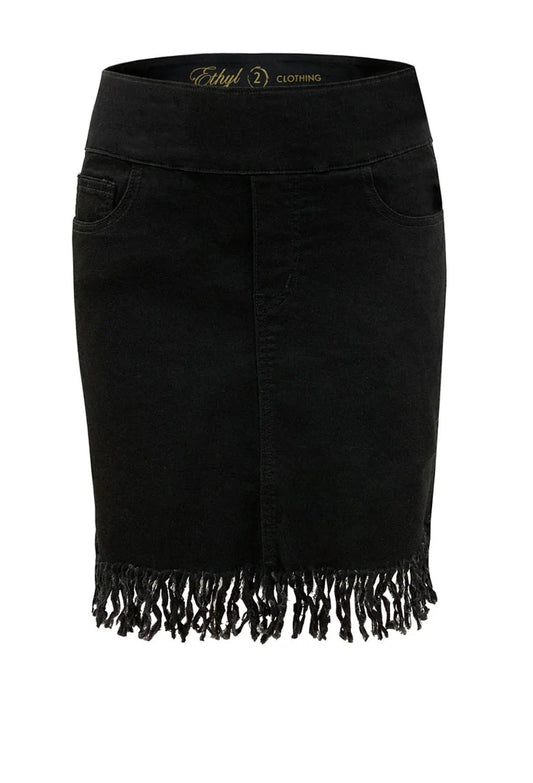 011- Ethyl Black Denim Fringe Skirt