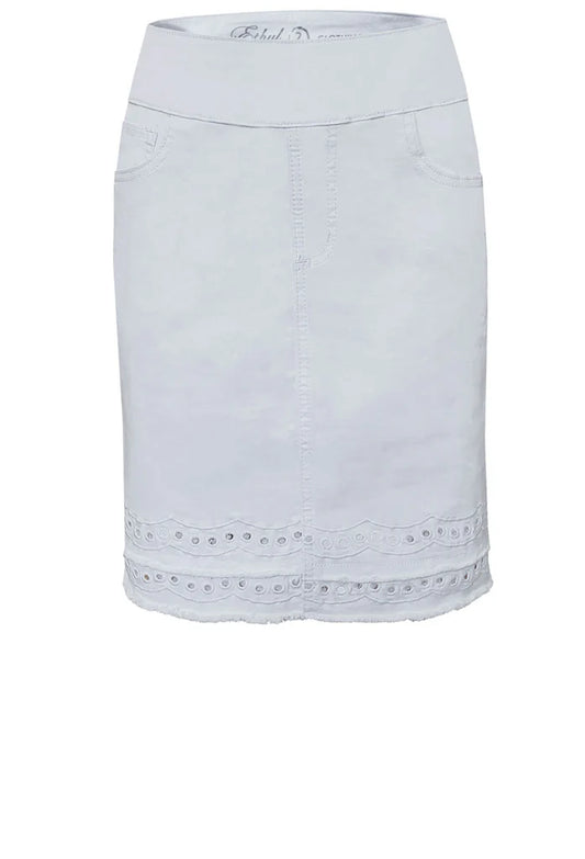 011- Ethyl White Denim Eyelet Hem Skirt