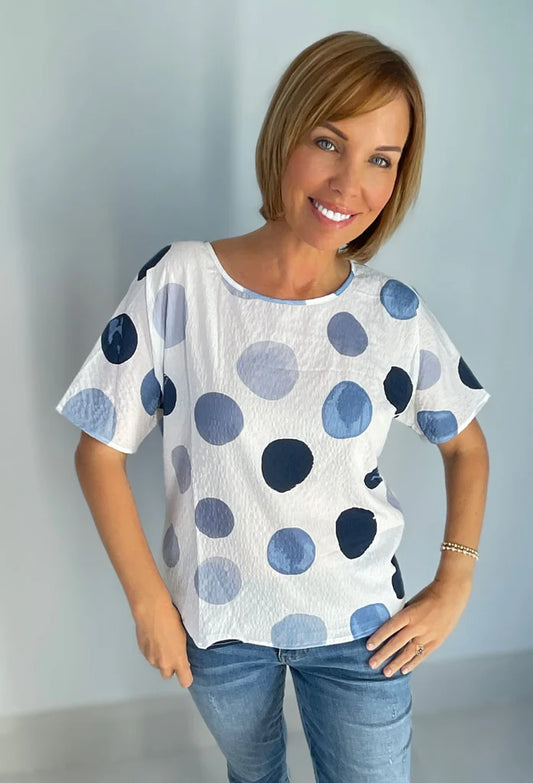 011- Ethyl White with Denim Dots Top