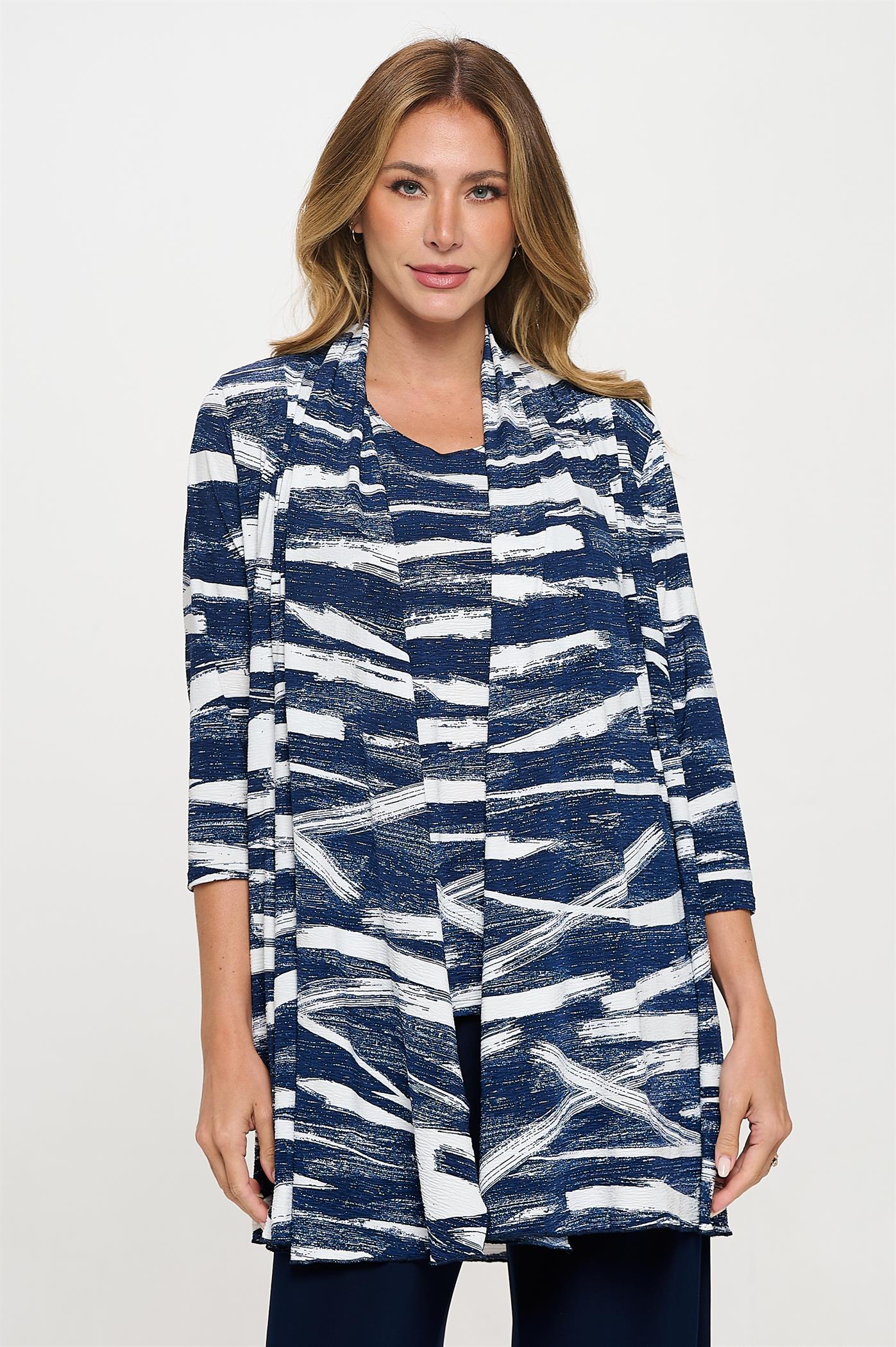 019- Jostar Navy and White Draped Long Jacket