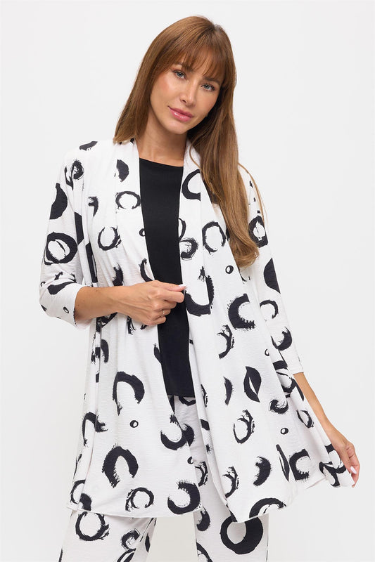 019- Jostar White with Black Graphic Print Circles Draped Long Jacket