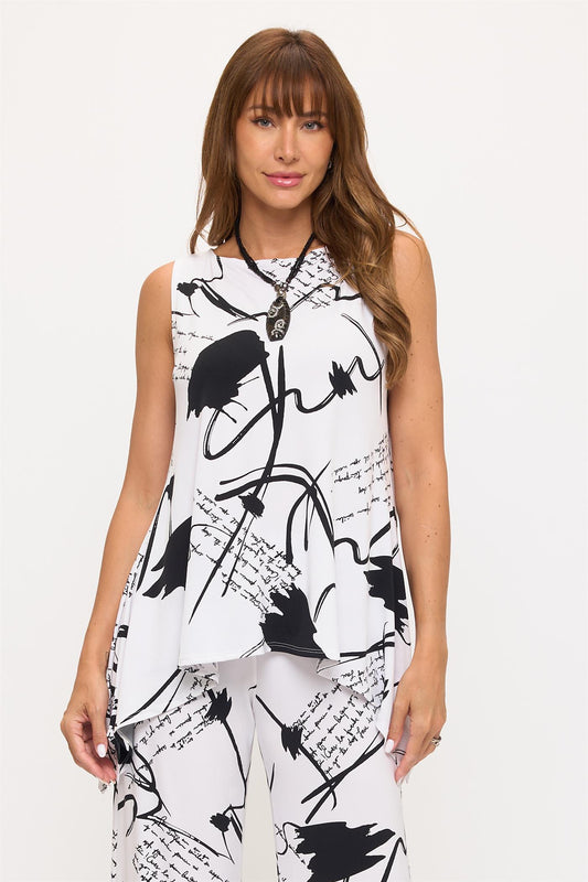 019- Jostar White with Black Writing SharkBite Sleeveless Tunic
