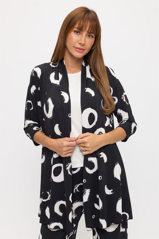019- Jostar Black with White Graphic Print Circles Draped Long Jacket
