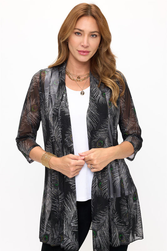 019- Jostar Black with Peacock Feathers Long Duster Jacket