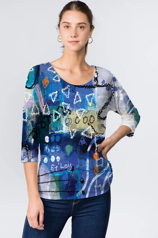 025- ET Lois Blues Abstract 3/4 Sleeve Top