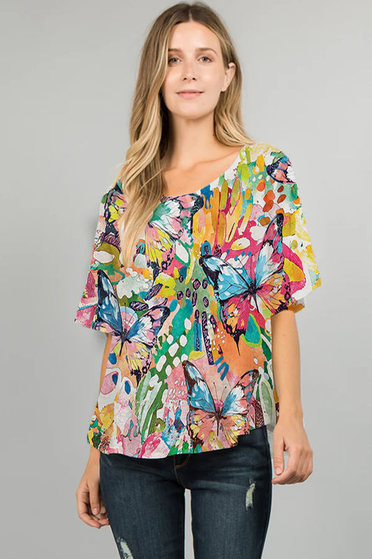 025- ET Lois Bright Abstract Butterfly Print Short Sleeve Top