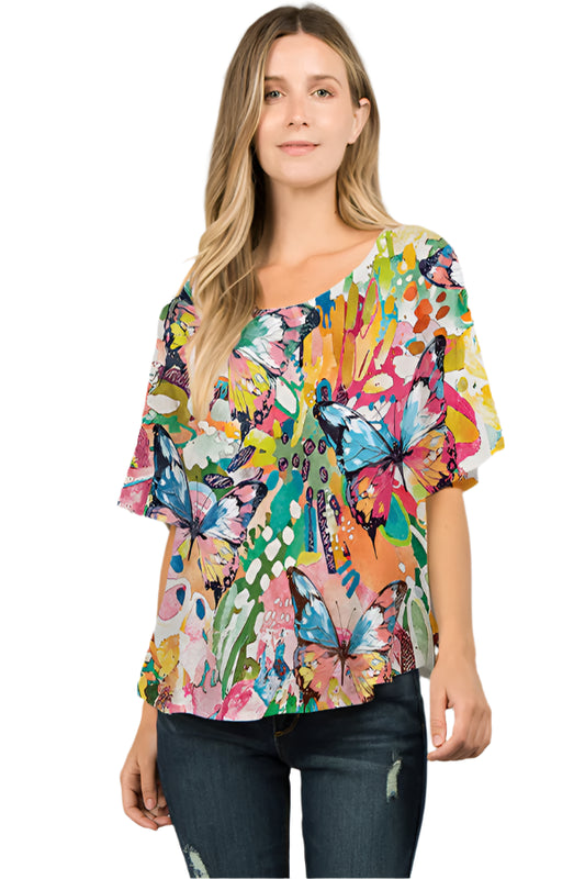 025- ET Lois Bright Abstract Butterfly Short Sleeve Top