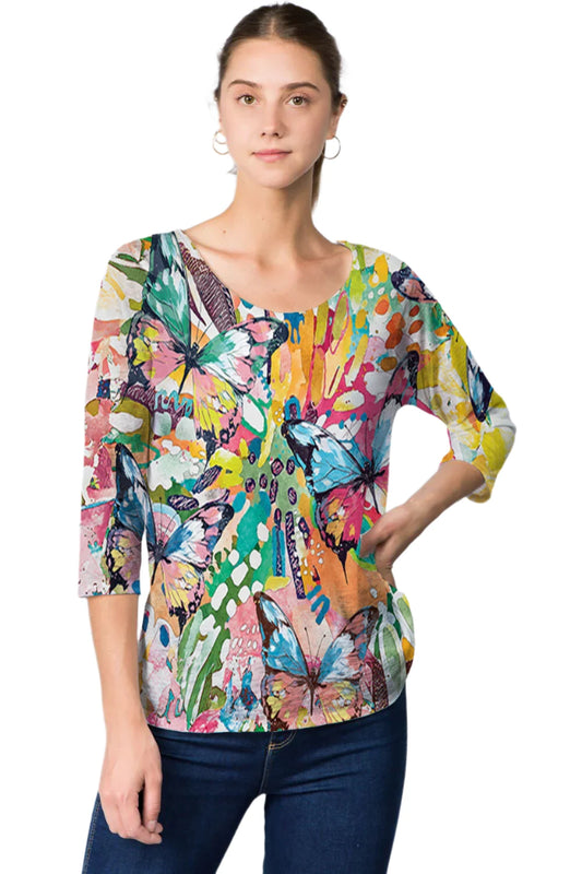 025- ET Lois Bright Abstract Butterfly 3/4 Sleeve Top