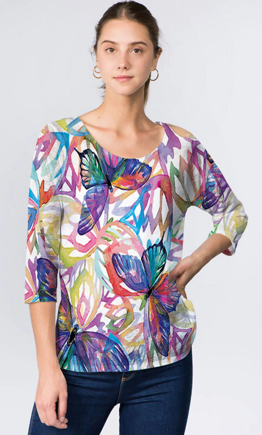 025- ET Lois Bright Butterfly 3/4 Sleeve Top