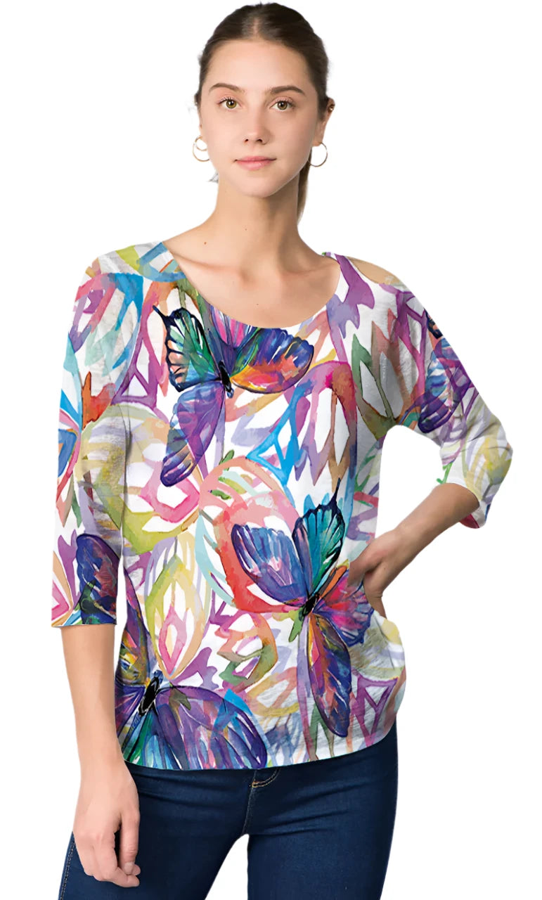 025- ET Lois Bright Butterfly 3/4 Sleeve Top