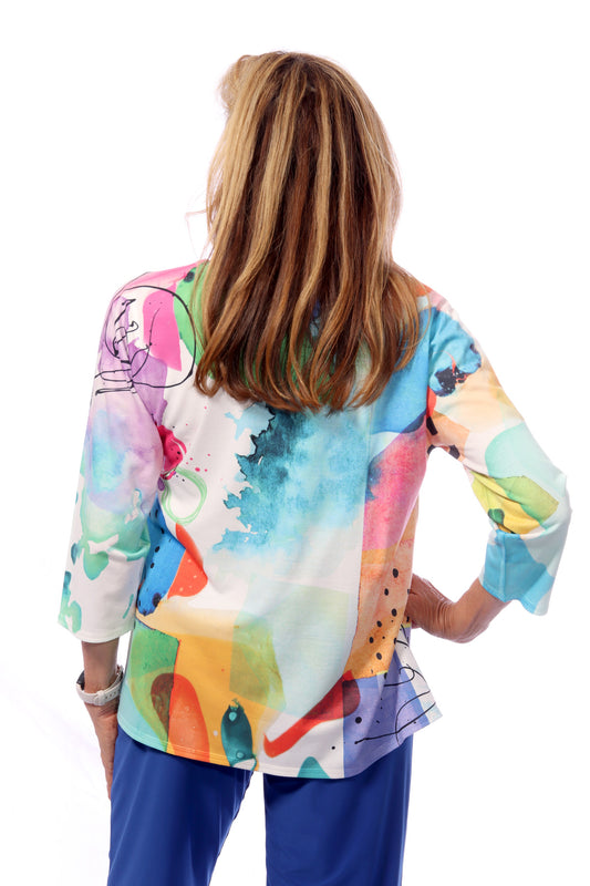025- ET Lois Graphic Abstract Multi Color 3/4 Sleeve Top