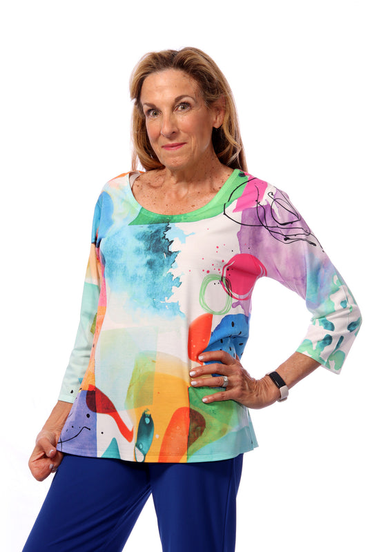 025- ET Lois Graphic Abstract Multi Color 3/4 Sleeve Top