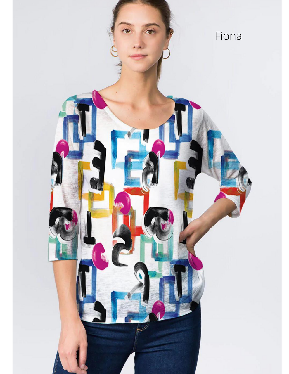 025- ET Lois Bright Watercolor Knit 3/4 Sleeve Top