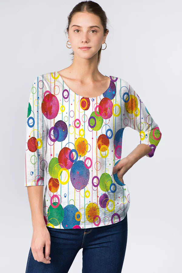 025- ET Lois Colored Bubbles and Circles Knit 3/4 Sleeve Top