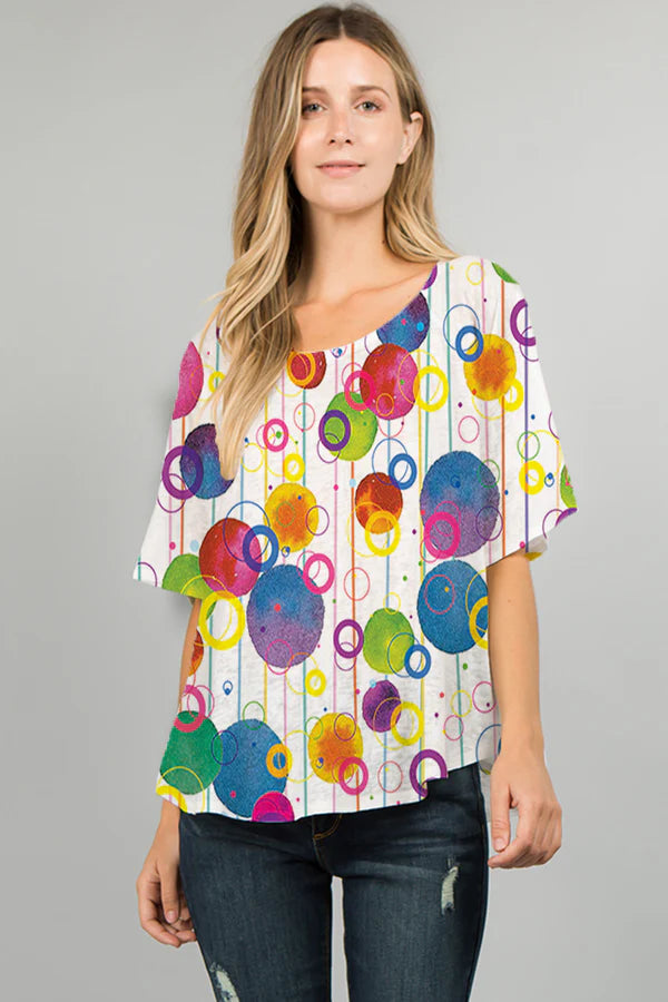 025- ET Lois Colored Bubbles and Circles Knit Short Sleeve Top