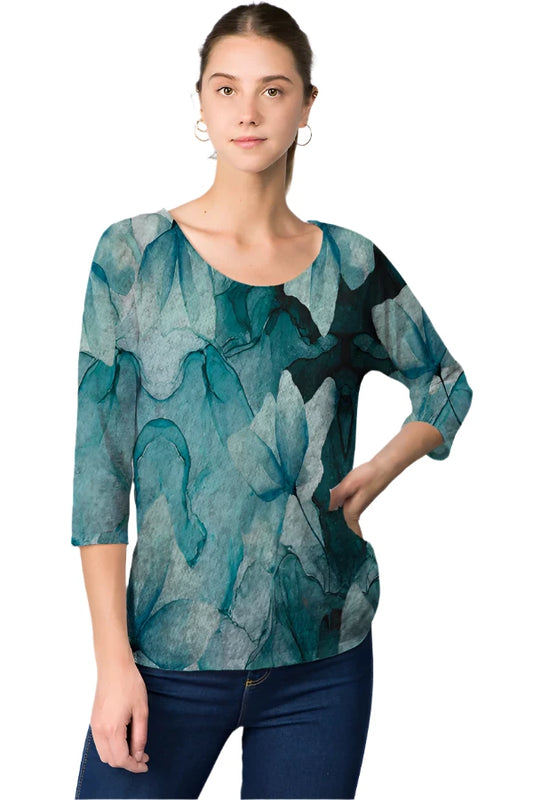 025- ET Lois Faded Teal and Grey Floral Soft Knit 3/4 Sleeve Top