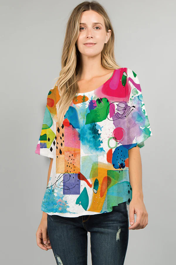 025- ET Lois Graphic Abstract Multi Color Short Sleeve Top