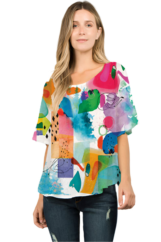 025- ET Lois Graphic Abstract Multi Color Short Sleeve Top