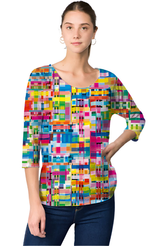 025- ET Lois Multi Color Squares Graphic Print Knit 3/4 Sleeve Top