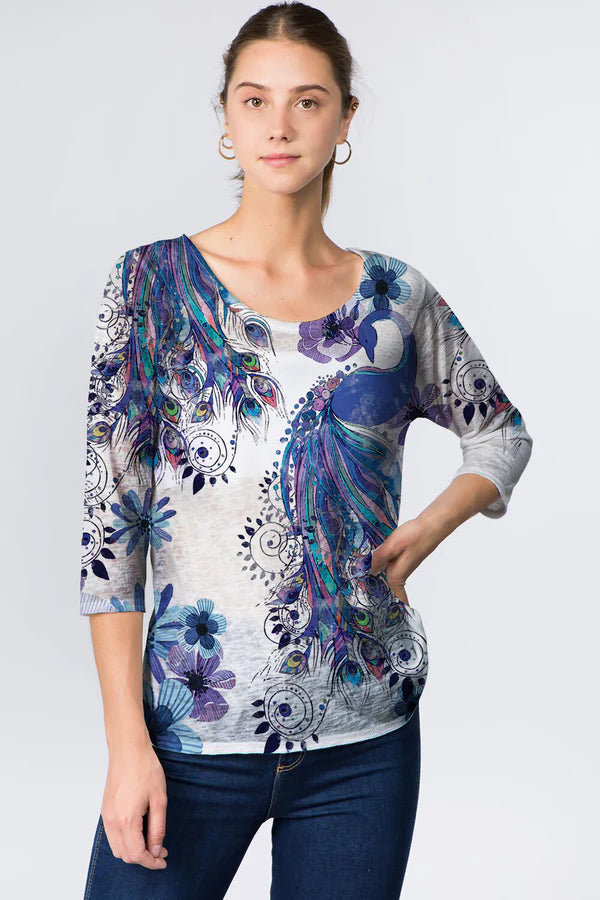 025- ET Lois Purple Peacock Knit 3/4 Sleeve Top