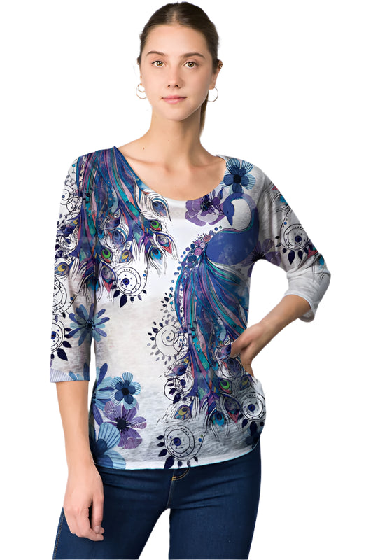 025- ET Lois Purple Peacock Knit 3/4 Sleeve Top