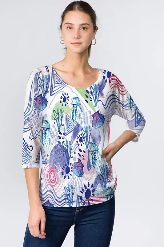 025- ET Lois Sea Life Knit 3/4 Sleeve Top