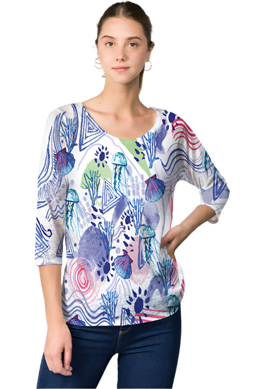 025- ET Lois Sea Life Knit 3/4 Sleeve Top
