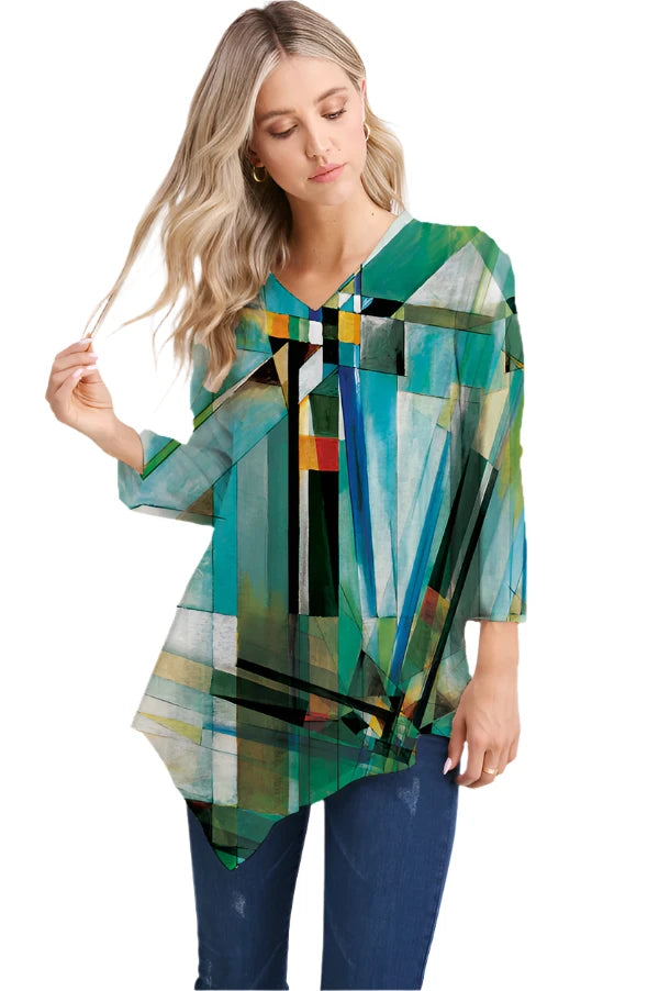 025- ET Lois Turquoise with Graphic Print Asymmetrical Knit Top