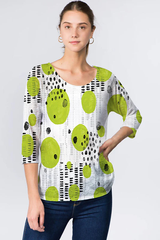 025- ET Louis Lime Green Dots Knit 3/4 Sleeve Top