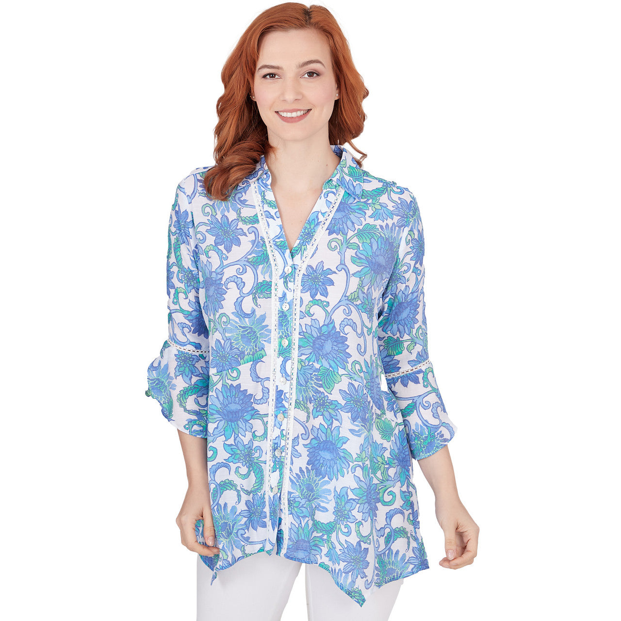 036- Ruby Road Blue Bali Floral Button Down Top