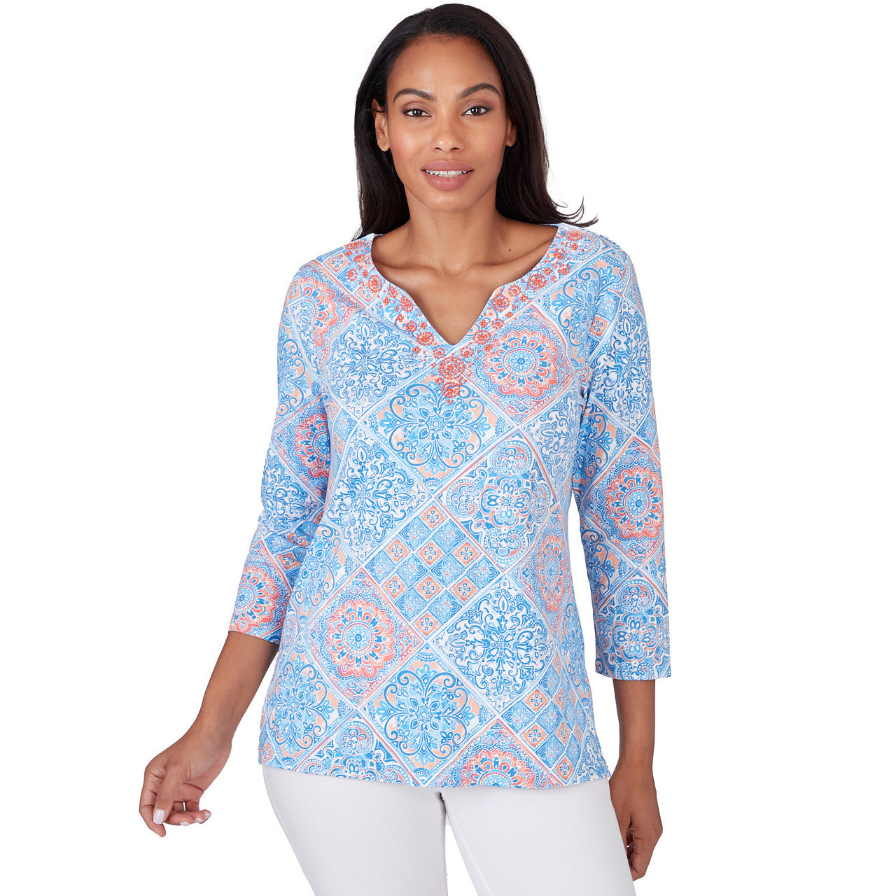 036- Ruby Road Blue & Coral Beaded "V" Neck Top