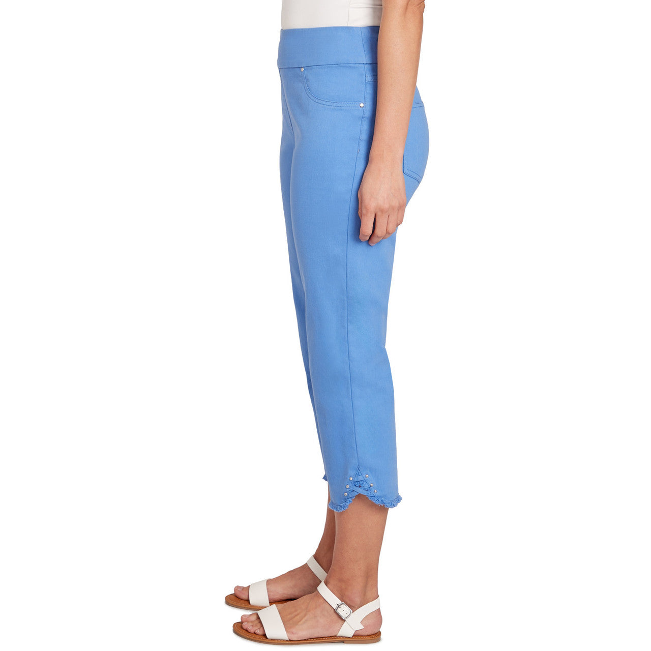 036- Ruby Road Periwinkle Pull-On Stretch Denim Lace Hem Capri