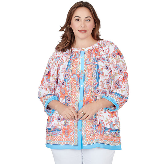 036- Ruby Road White and Coral Boat Neck Big Shirt