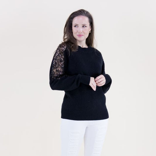 038- Very Moda Beads & Pearls Sheer Sleeve Black Sweater