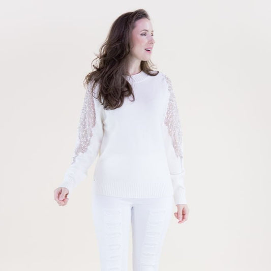 038- Very Moda Beads & Pearls Sheer Sleeve White Sweater